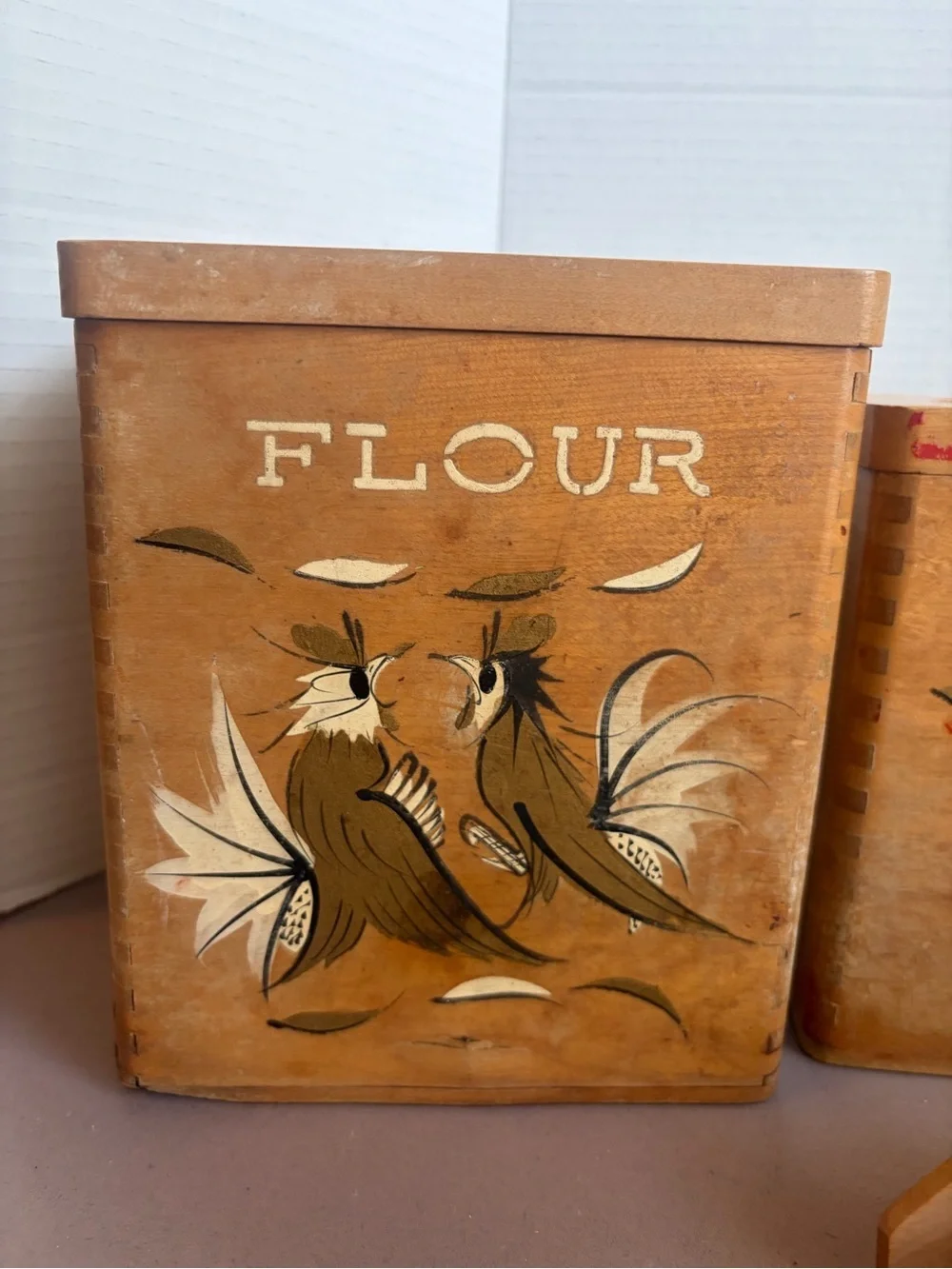 Vintage Wooden Sugar & Coffee Canister Set with Rooster Motif - Brown